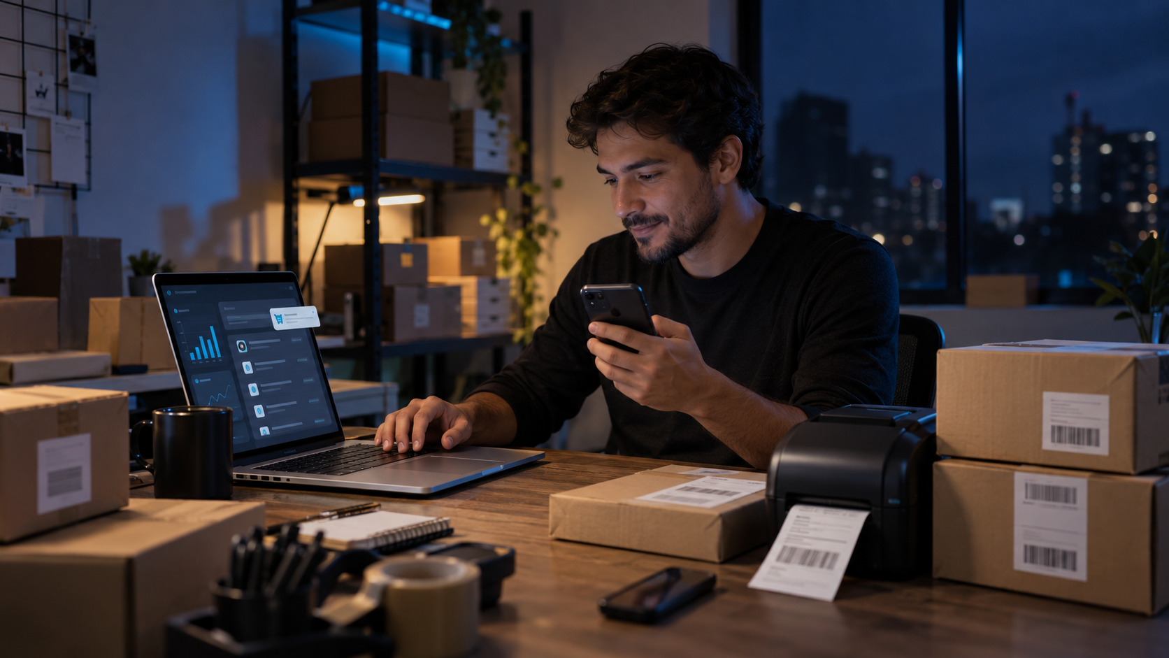 Emprendedor gestionando pedidos de su tienda online.