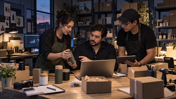 Equipo de una marca revisando productos y ventas online.